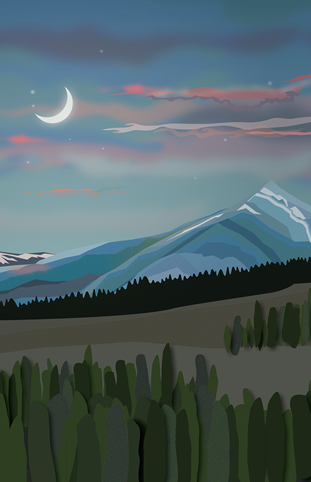 digital art image of mountains under a crescent moon