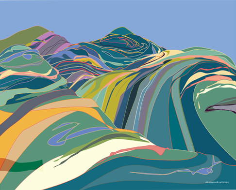 contemporary digital image of rolling hills in blue and yellow