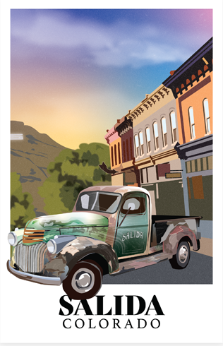 digital art image of a pickup truck and buildings