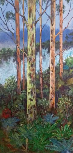 painting of tall trees in a mist