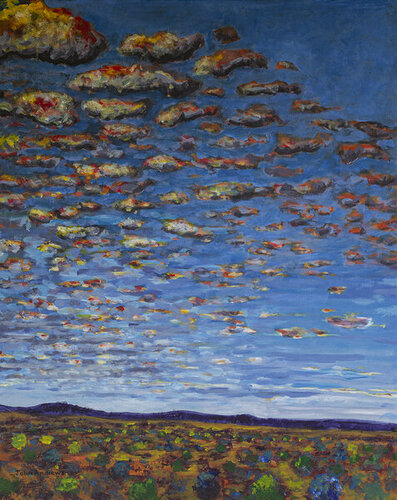 semi abstract landscape with fish in the sky