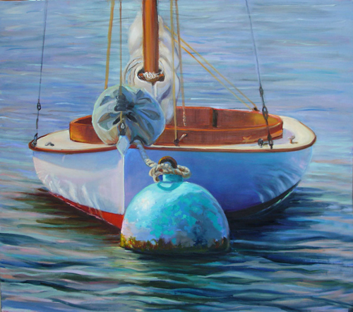 oil painting of a moored sailboat