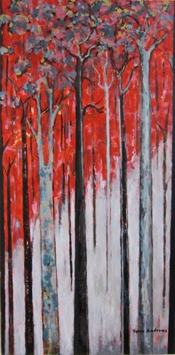 painting of tall trees in a red mist