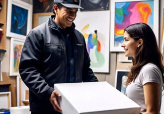 artist handing a box to a delivery person