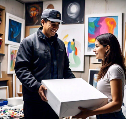 artist handing a box to a delivery person