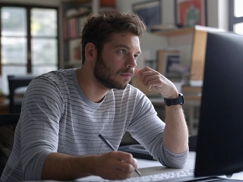 A young man in an art studio writing an email