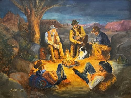 painting of cowboys around a campfire