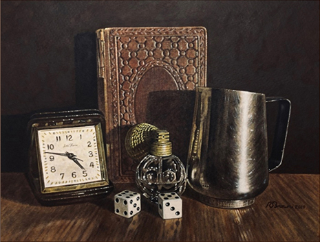 still life with clock, book and dice