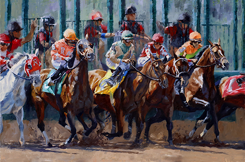 oil painting of a horse race