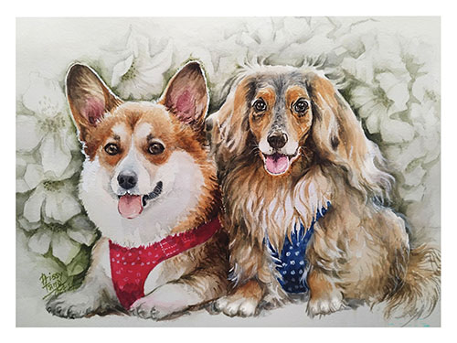 watercolor portrait of two dogs