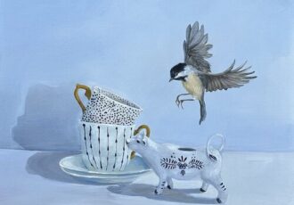 painting of a bird and teacups