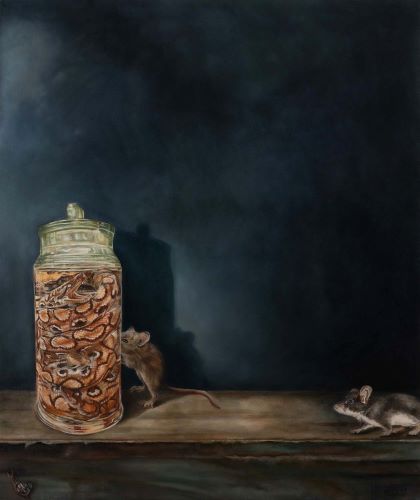 oil painting of mice investigating a glass jar