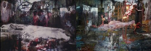 dark and macabre diptych painting by Rifas