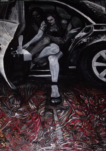 dark mysterious painting of a woman getting out of a car