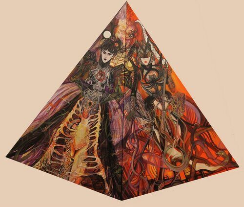 dark and dreamlike paintings in pyramid format by Safir