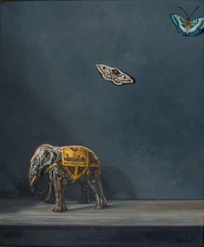 dreamlike painting of an elephant and butterfly