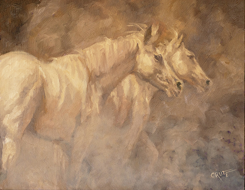 oil painting of a group of white horses