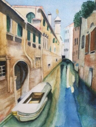 watercolor painting of canal in Venice Italy