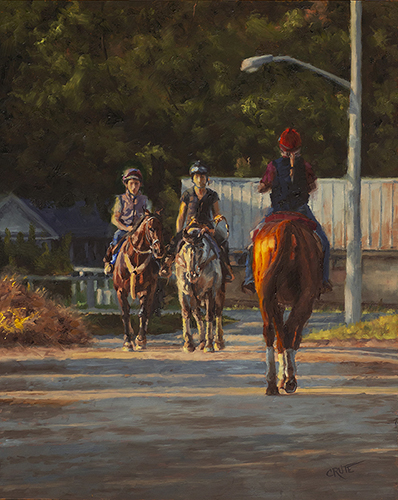 oil painting of racetrack horses walking