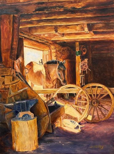 oil painting of a horse in an old west barn