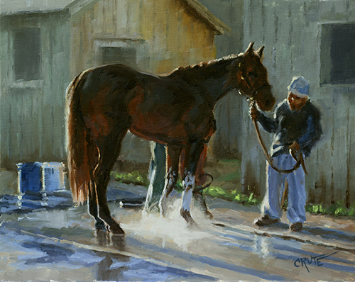 oil painting of cooling a horse after racing