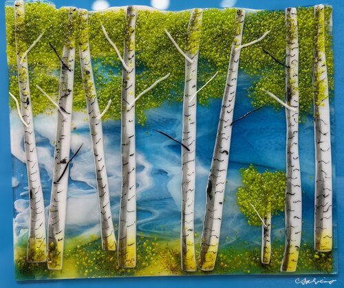 fused glass art depicting an aspen grove