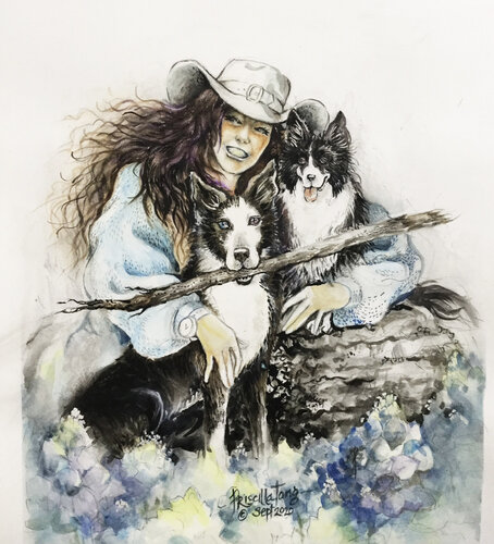 watercolor portrait of a young woman and two dogs