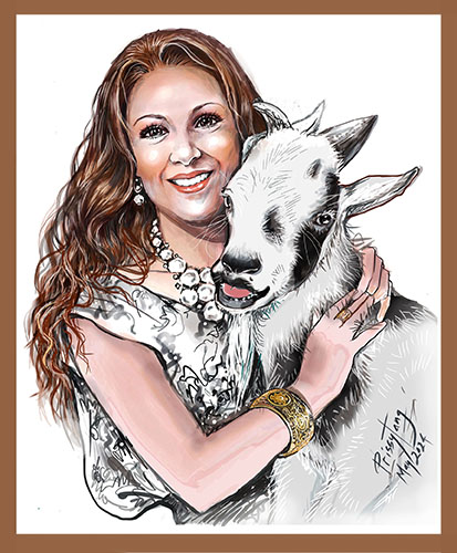 digital portrait of a woman and pet goat