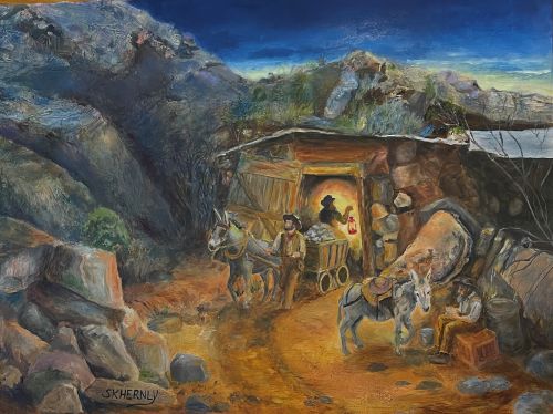 oil painting of miners and a gold mine