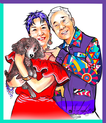 digital art portrait of a couple and their dog