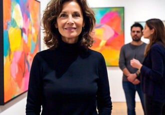 artist standing in gallery with colorful paintings