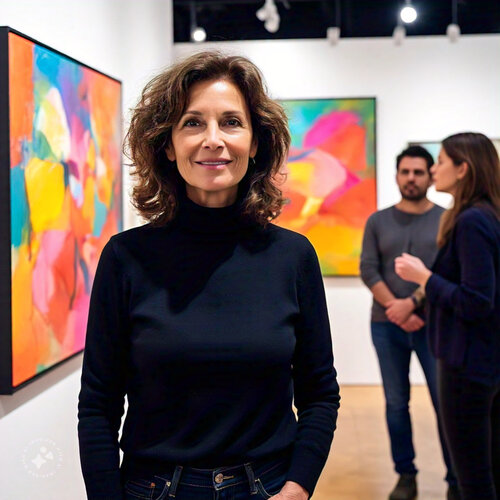 artist standing in gallery with colorful paintings