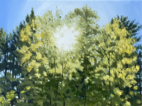 acrylic painting of sun shining through trees