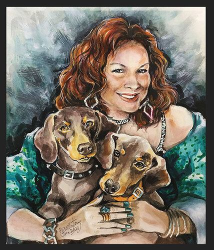 watercolor portrait of a woman and her dogs