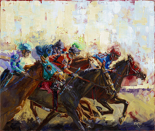 oil painting of jockeys and horses racing