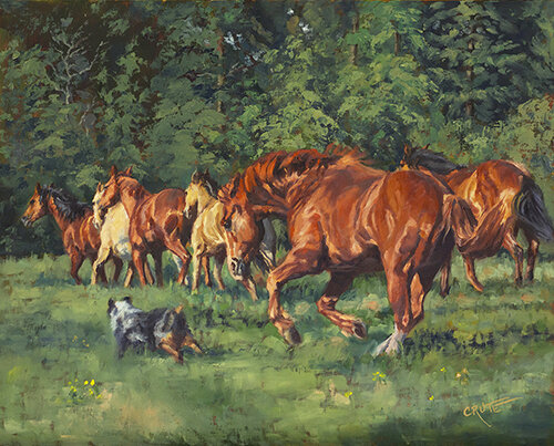 oil painting of horses playing in a field