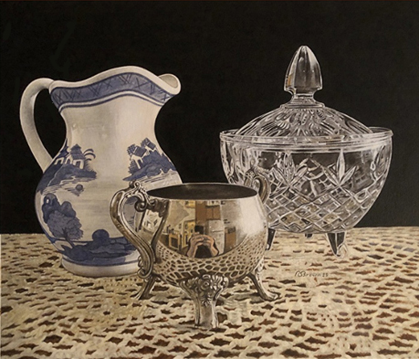 acrylic still life painting of crystal and silver