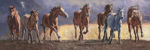 Oil painting of horses in the field