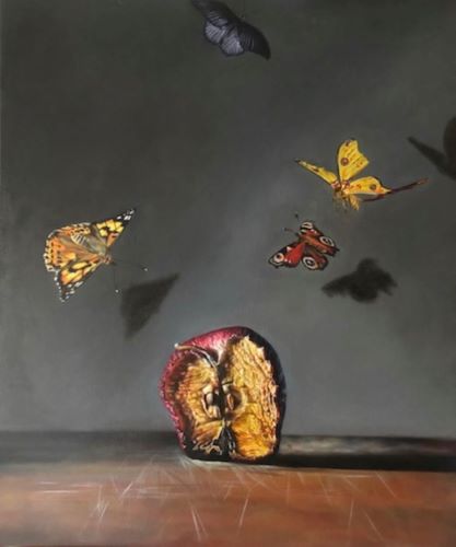 oil painting of a cut apple and butterflies