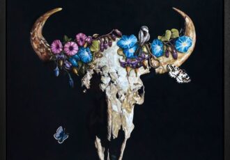 oil painting still life of cow skull with flowers