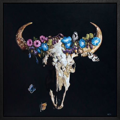 oil painting still life of cow skull with flowers