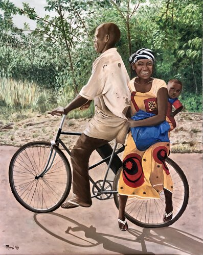 painting of a man and family on a bicycle in West Africa