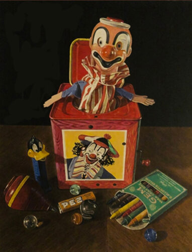 still life painting of vintage toys